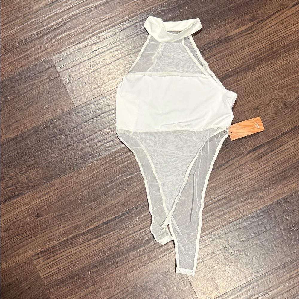 SHEIN White Sheer High-Neck Mesh Bodysuit